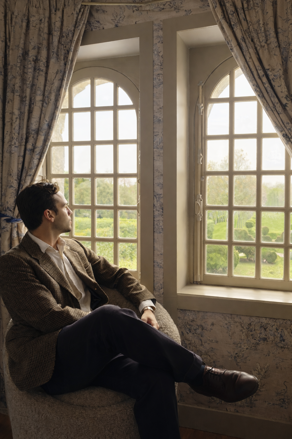 Man sitting by a large window with floral curtains, looking out at a garden.